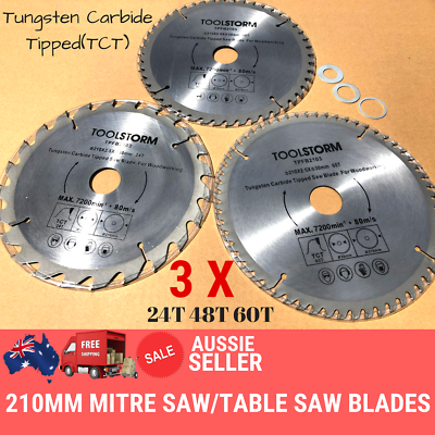 3PC TCT Drop Saw/Compound Mitre Saw Blade 210mm 24T,48T,60T Bore 30/25.4/16/10
