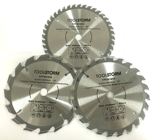 3PC CIRCULAR SAW BLADES 165MM  16T 24T 40T ARBOR 20MM 16MM 15.88MM 10MM