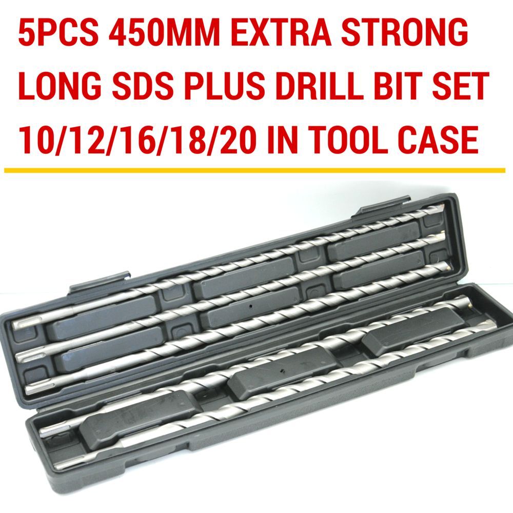 **5PC 450MM EXTRA STRONG LONG SDS PLUS DRILL BIT SET 10/12/16/18/20 Masonry Case