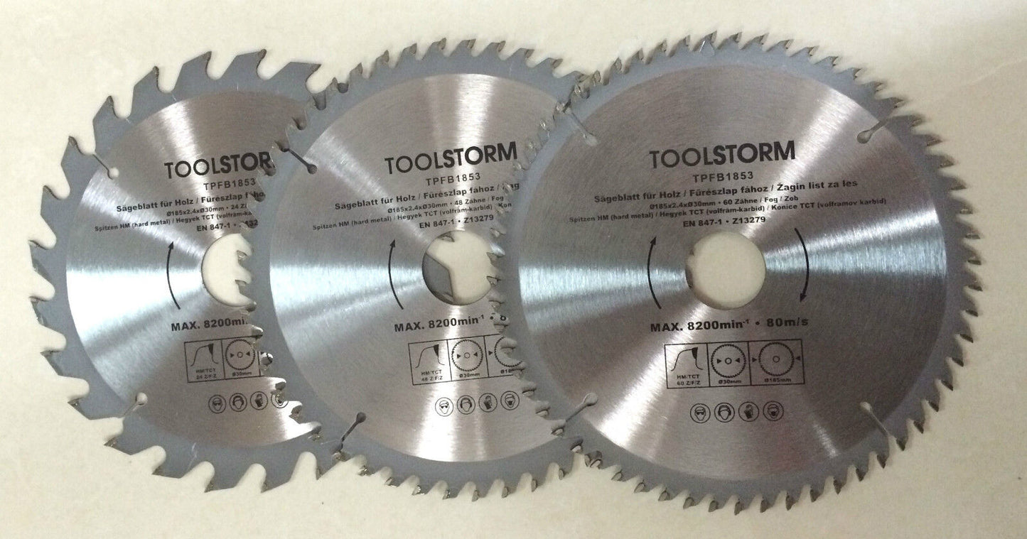 *3PC Mitre Saw Table Saw Blades 185mm 24T,48T,60Teeth 30MM BORE With 2 Reduction
