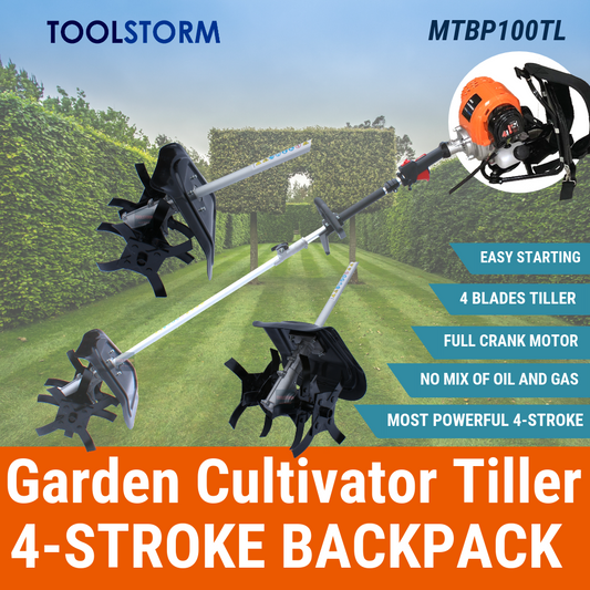 4-STROKE Backpack Cultivator Tiller Petrol Rotary Hoe Garden 4 Tine Rototiller