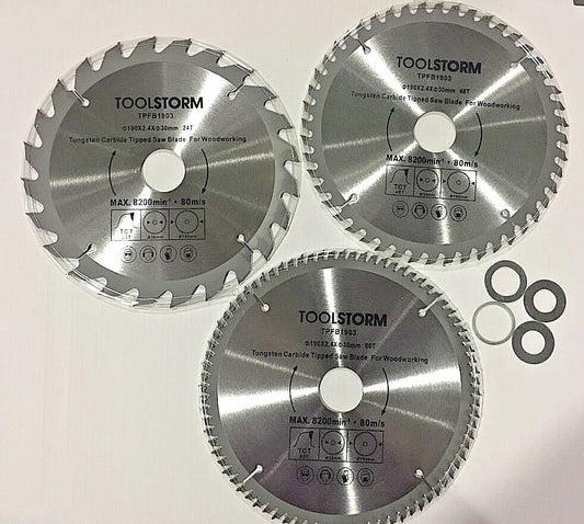 3X DROP SAW TABLE SAW BLADES 190MM  24/48/80T FIT RYOBI,EVOLUTION,TRITON,909,AEG