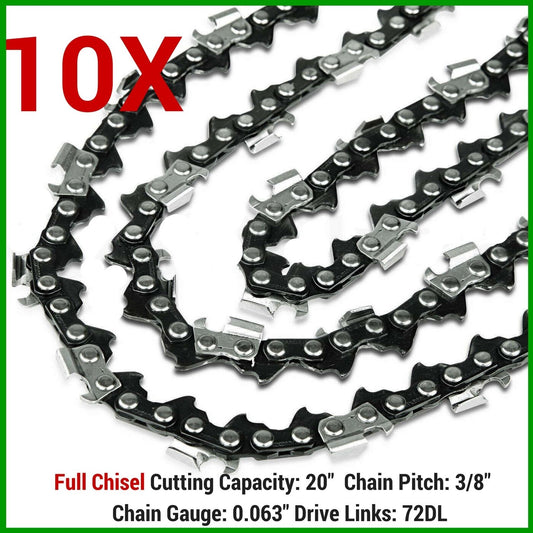 10 x CHAINSAW CHAINS FULL CHISEL 3/8 063 72 DL FOR STIHL 20" TOOLSTORM