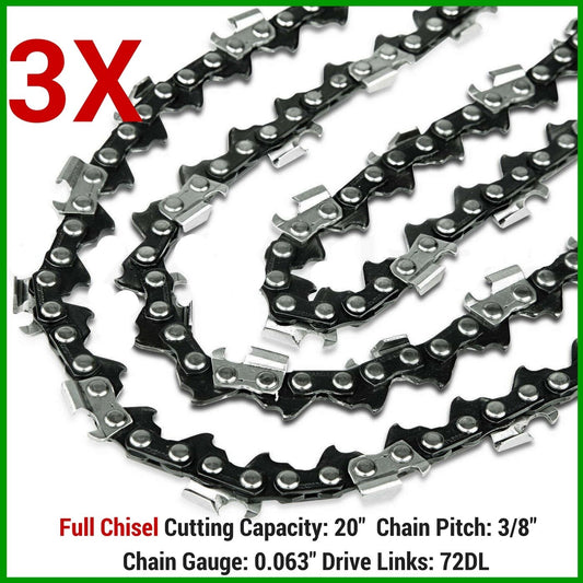 3 x CHAINSAW CHAINS FULL CHISEL 3/8 063 72 DL FOR STIHL 20" TOOLSTORM
