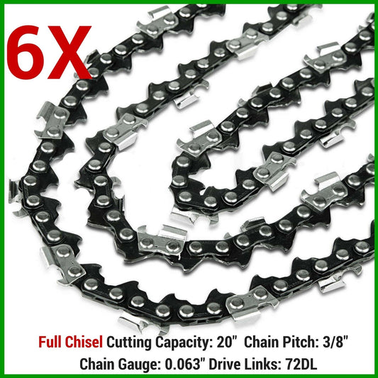 6 x CHAINSAW CHAINS FULL CHISEL 3/8 063 72 DL FOR STIHL 20" TOOLSTORM