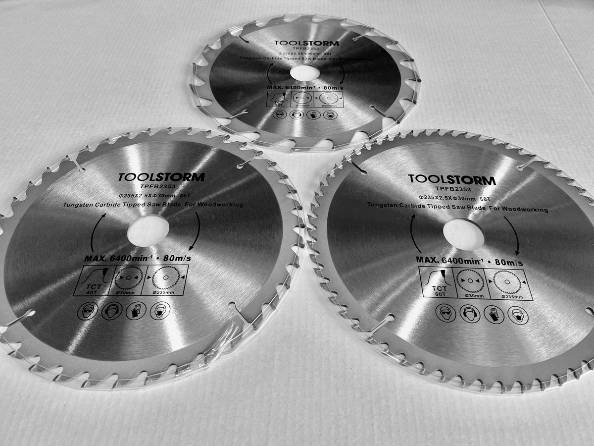 3PC MITRE/DROP SAW/TABLE SAW BLADES 235MM  20T,40T,60T ARBOR 30MM-BUSH25.4/16/10