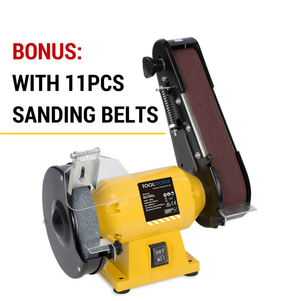 150mm Bench Grinder Linisher Sander with 11 Belts and 6" Metal Polishing Kit