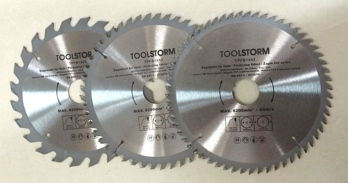 3PC Circular saw Blades 185mm 24T,48T,60T Fits 710922 ALDI FERREX model TTA-5520