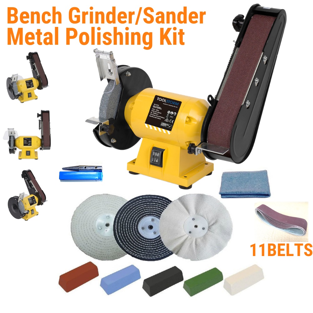 150mm Bench Grinder Linisher Sander with 11 Belts and 6" Metal Polishing Kit