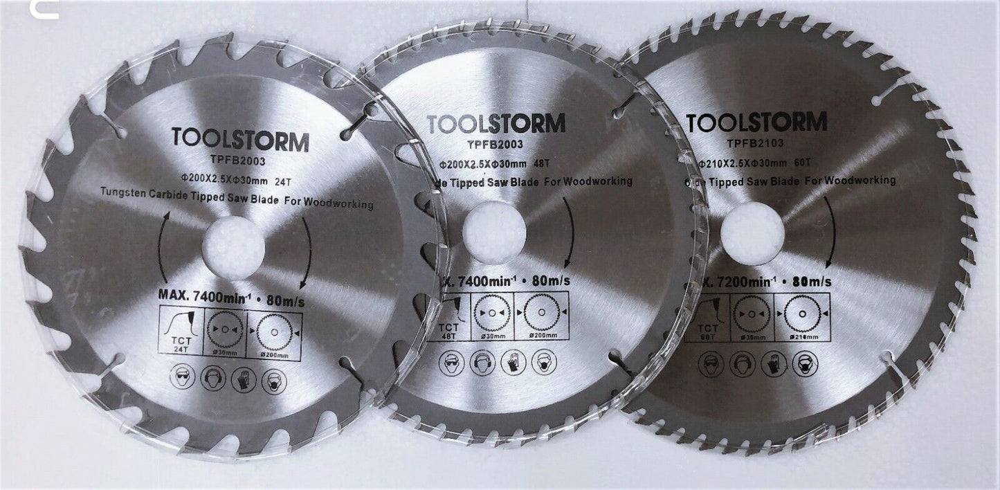 3PC Circular Saw Blades 200mm 24T,48T,60Teeth 30MM BORE With 8 Reduction TCT