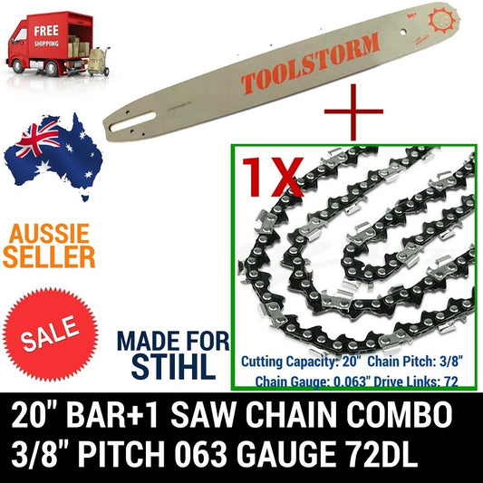 20" BAR AND 1 CHAIN COMBO SPROCKET NOSE FOR STIHL CHAINSAW NEW 3/8 72DL .63"