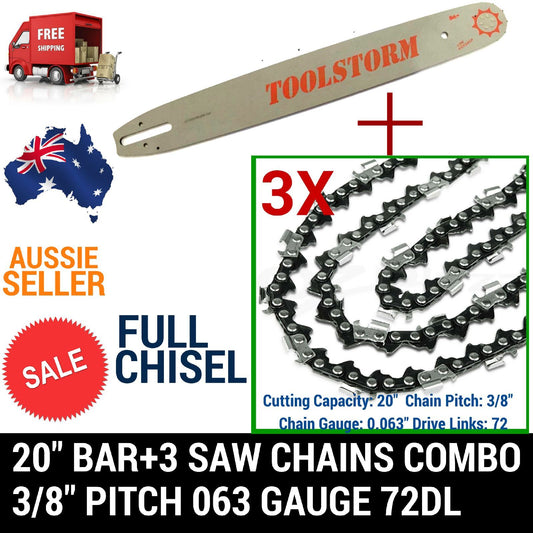 20" BAR AND 3 CHAINS COMBO FOR STIHL CHAINSAW NEW 3/8 72DL .63" FULL CHISEL