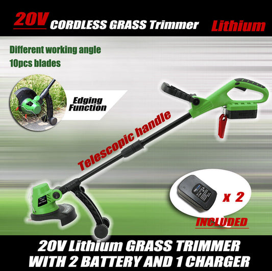 20V Lithium Grass Trimmer Lawn Grass Edge Brush Cutter w/ Blade & Wheel 2Battery