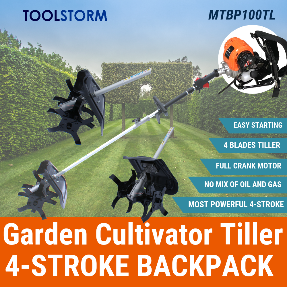 4-STROKE Backpack Cultivator Tiller Petrol Rotary Hoe Garden 4 Tine Rototiller