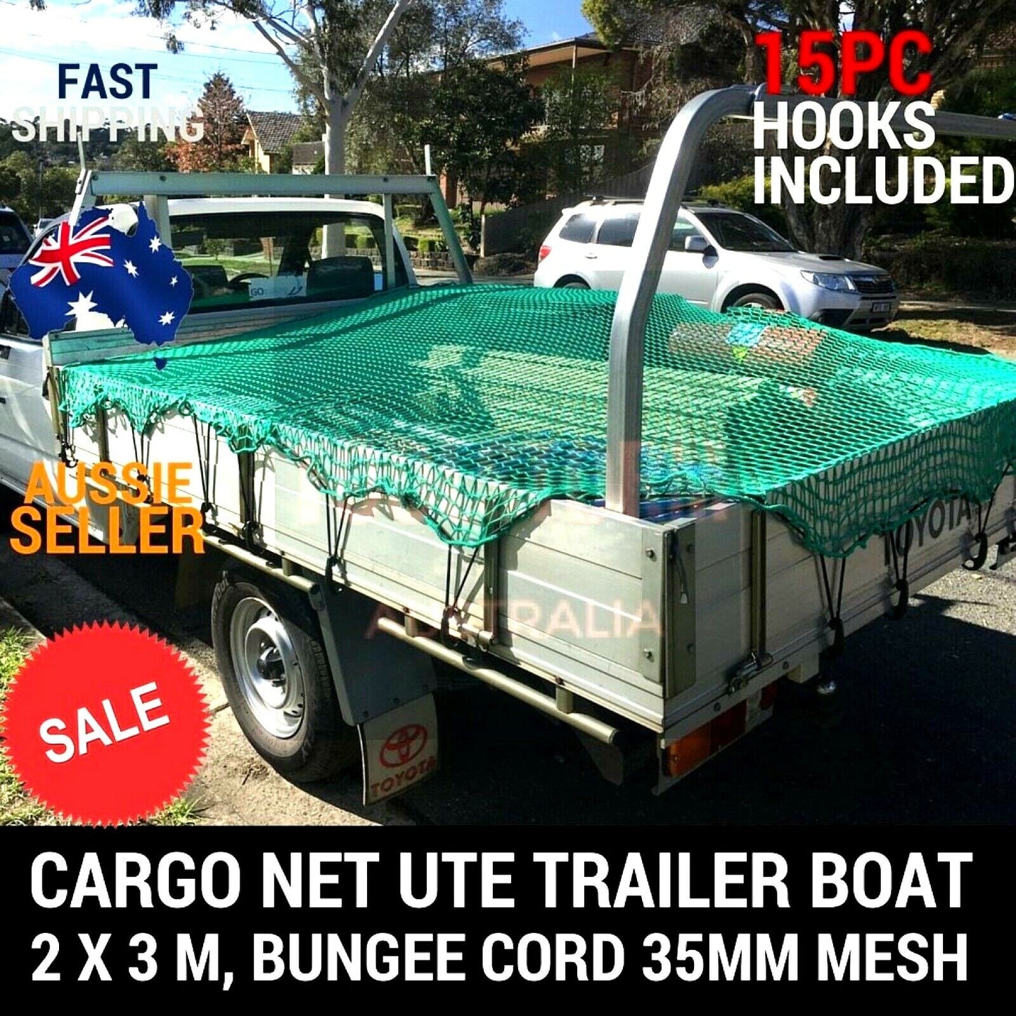 CARGO NET 2MX3M FREE 15PC HOOK UTE TRAILER TRUCK NYLON 35MM MESH BUNGEE CORD