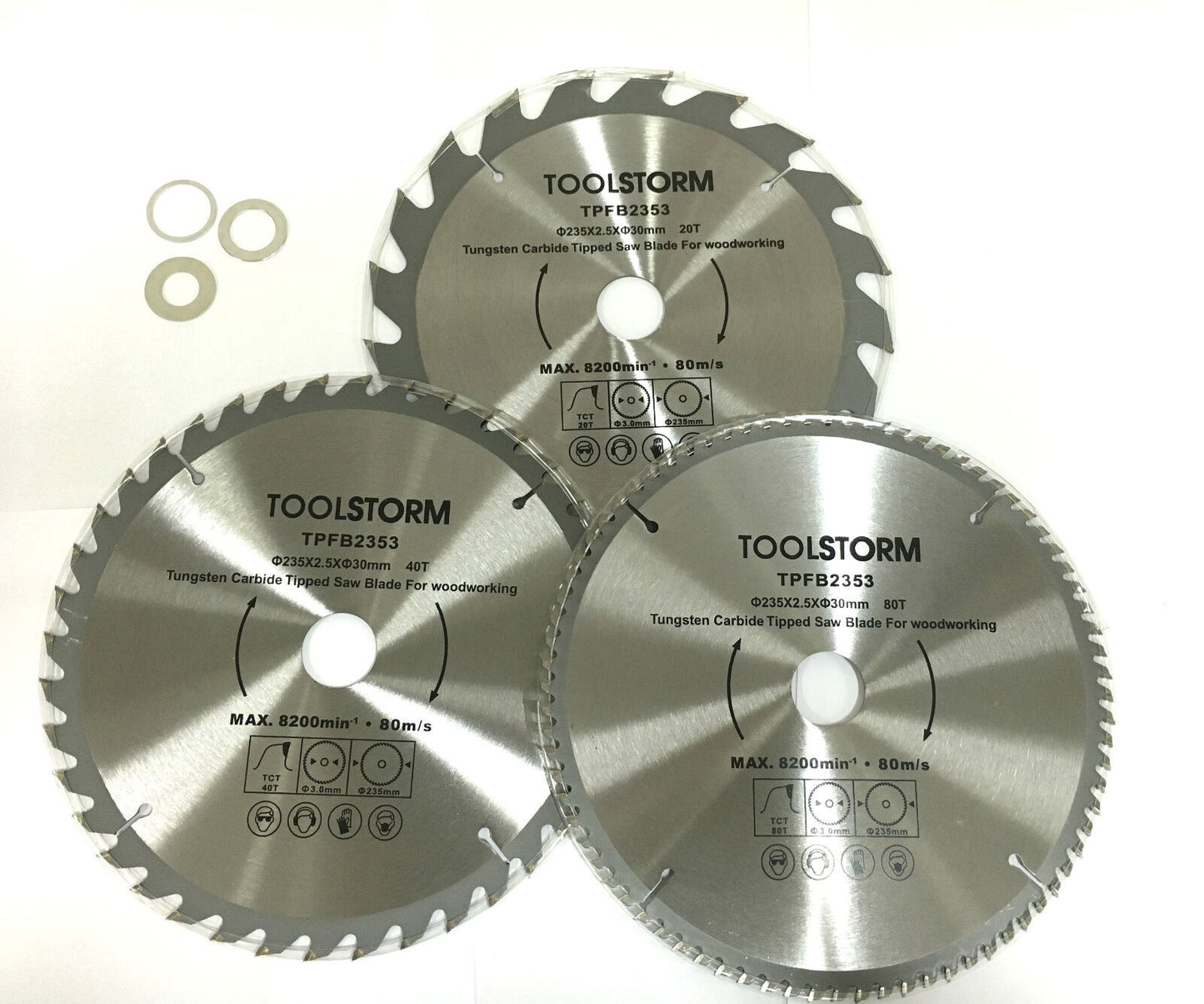 3PC MITRE/DROP SAW/TABLE SAW BLADES 235MM  20T,40T,80T ARBOR 30MM-BUSH25.4/16/10