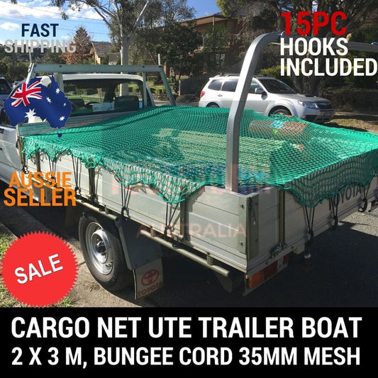 CARGO NET 2X3 UTE TRAILER TRUCK 2MX3M NYLON 35MM MESH BUNGEE CORD FREE 15PC HOOK