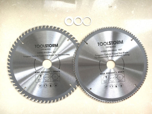 2PC TCT Drop Saw/Compound Mitre Saw Blade 10"255mm 100T ALUM 64T TIMBER Arbor 30