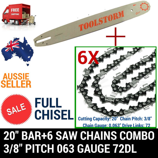 20" BAR AND 6 CHAINS COMBO FOR STIHL CHAINSAW NEW 3/8 72DL .63" FULL CHISEL